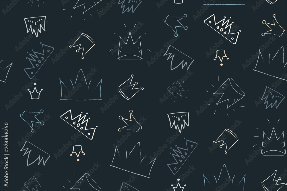 Seamless pattern with hand drawn crowns. Collection of icons diadem in Doodle style. Abstract line art. Tiara chalk drawing. Black and white (monochrome) illustration. Seamless pattern with hand drawn crowns. Collection of icons diadem in Doodle style. Abstract line art. Tiara chalk drawing. Black and white (monochrome) illustration.