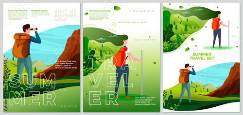 Vector summer camp travel posters set - man and woman outdoors. Forests, trees and hills on background. Print template with place for your text.