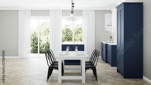 Modern house interior. Interior with blue kitchen. 3D rendering.
