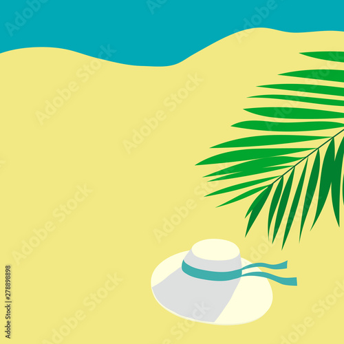 Hand drawn vector sketch summer seafront vacation in tropical nature. Women's hat on beach yellow sand blue sea ocean dangling palm tree branch in bright sunlight. Luxury resort travel relaxation