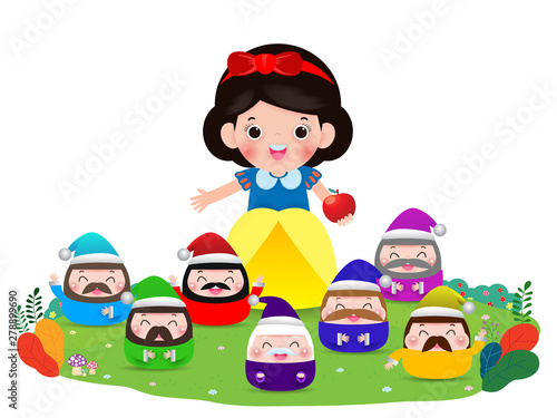 snow white and the seven dwarfs, Snow White isolated on white background, Princess and Dwarfs and witch, Vector Illustration