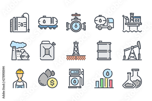 Oil and gas related color line icon set. Fuel industry colorful linear icons. Gasoline flat color outline vector sign collection.