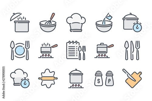 Cooking related color line icon set. Pot, pan and kitchen utensils colorful linear icons. Cooking recipe flat color outline vector sign collection.