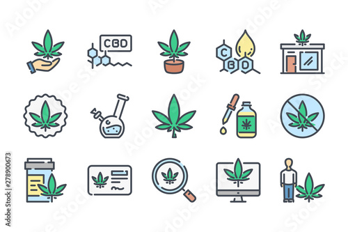 Cannabis and CBD related color line icon set. Cannabidiol colorful linear icons. Marijuanas flat color outline vector sign collection.