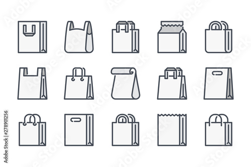 Shopping bag related color line icon set. Paper market bag colorful linear icons. Grocery bag flat color outline vector sign collection.