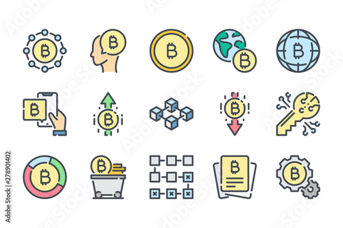 Bitcoin related color line icon set. Cryptocurrency colorful linear icons. Crypto money flat color outline vector sign collection.