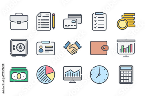 Business and finance related color line icon set. Marketing colorful linear icons. Money and Banking flat color outline vector sign collection.