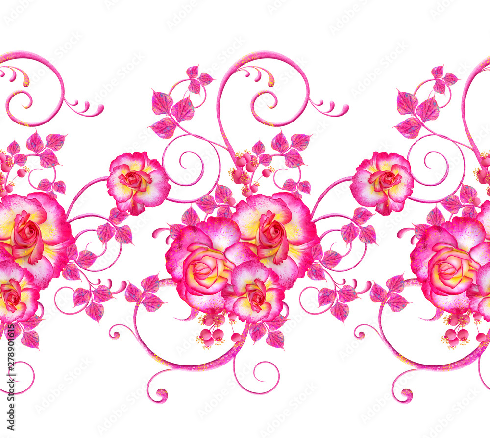 Violet, pink flowers with a paisley element, delicate curls, bright leaves, inflorescences of berries. Floral seamless pattern. Violet, pink flowers with a paisley element, delicate curls, bright leaves, inflorescences of berries. Floral seamless pattern.