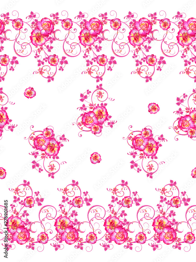 Violet, pink flowers with a paisley element, delicate curls, bright leaves, inflorescences of berries. Floral seamless pattern. Violet, pink flowers with a paisley element, delicate curls, bright leaves, inflorescences of berries. Floral seamless pattern.