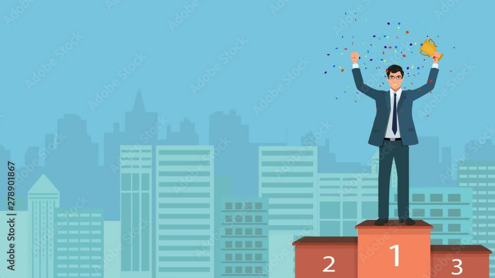 A Cartoon Version of a Business Man Shown on a Podium with a Trophy in Hand and an Urban or City Background Indicating Business Concept of Success A Cartoon Version of a Business Man Shown on a Podium with a Trophy in Hand and an Urban or City Background Indicating Business Concept of Success
