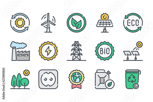 Ecology related color line icon set. Ecology and nature colorful linear icons. Environment flat color outline vector sign collection.