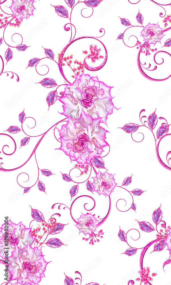 Violet, pink flowers with a paisley element, delicate curls, bright leaves, inflorescences of berries. Floral seamless pattern. Violet, pink flowers with a paisley element, delicate curls, bright leaves, inflorescences of berries. Floral seamless pattern.