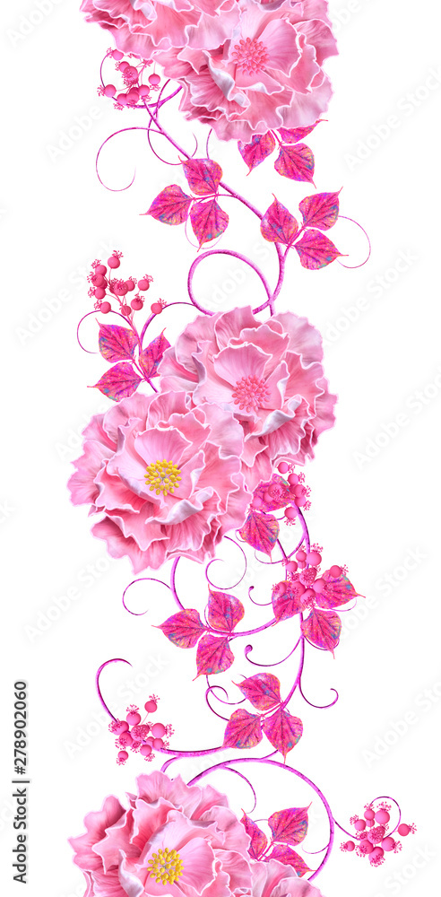 Violet, pink flowers with a paisley element, delicate curls, bright leaves, inflorescences of berries. Floral seamless pattern. Violet, pink flowers with a paisley element, delicate curls, bright leaves, inflorescences of berries. Floral seamless pattern.