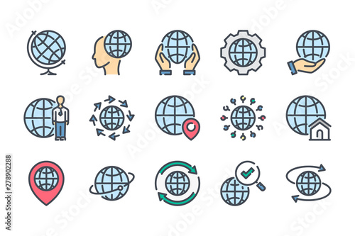 Globe related color line icon set. World map colorful linear icons. Earth and location flat color outline vector sign collection.