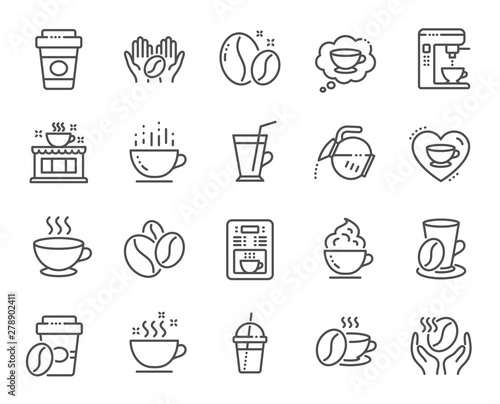 Coffee line icons. Beans, hot cocktail and coffee maker machine. Espresso cup, cappuccino with whipped cream line icons. Latte vending machine, breakfast drink and roasted beans. Vector