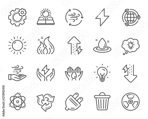 Energy line icons. Solar panels, wind energy and electric thunder bolt. Fire flame, hazard, green ecology icons. Electric plug, thunderbolt, recycling trash can. Solar power. Vector