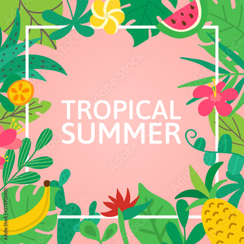 Aloha concept. Hand drawn lettering on pink background. Tropical leaves, fruits and flowers for poster, banner, flyer. Summer composition with white frame. Hawaiian greeting. Vector illustration