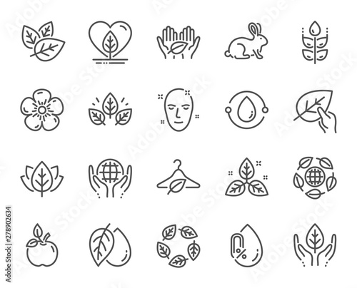 Organic cosmetics line icons. No alcohol free, synthetic fragrance. Slow fashion, sustainable textiles icons. Fair trade, eco organic cosmetics. Gluten free, animal testing. Vector