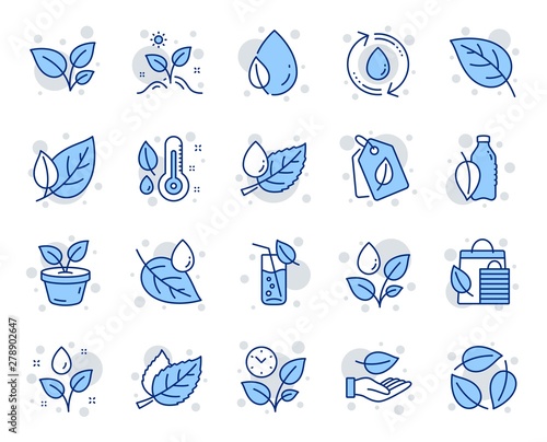 Plants line icons. Mint leaf, Growing plants and Humidity thermometer icons. Bottle with mint water, Nature care, leaf on hand. Gardening new flower, environment, water drop and thermometer. Vector