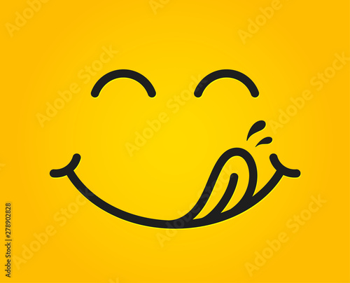 Yummy smile emoticon with tongue lick mouth. Tasty food eating emoji face. Delicious cartoon with saliva drops on yellow background. Smile face line design. Savory gourmet. Yummy vector photo