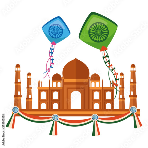 taj mahal indian mosque with kites flying