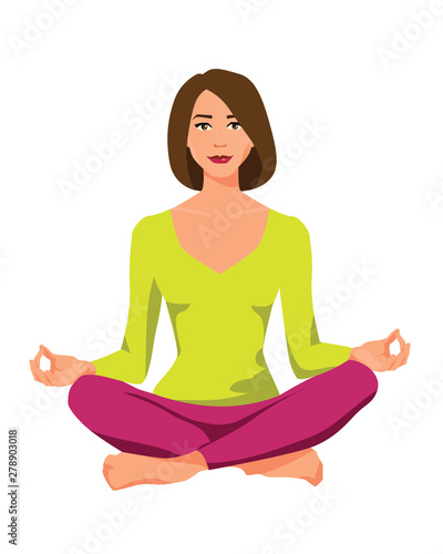 Vector illustration of woman in lotus position under the white background. Cartoon realistic people illustration practicing yoga. Flat young woman. Front view girl.