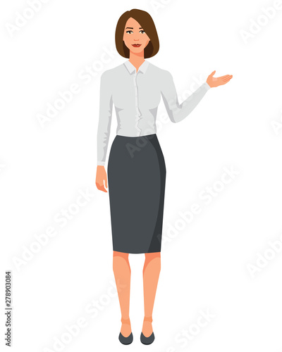 Vector illustration of business woman in official clothes with hand up. Question pose. Presentation pose. Cartoon realistic people illustration. Front view girl.
