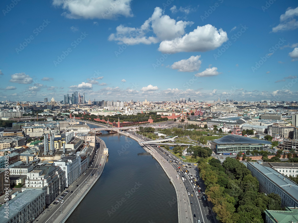 Moscow, Park Zariadye, soaring bridge, Panoramic aerial view from drone of the Moscow center near Kremlin in summer.