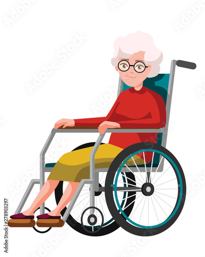 Vector illustration of elderly woman sitting in a wheelchair. Cartoon realistic people. Flat woman. Front view. Isometric view. Grandmother, happy old people with physical disability.