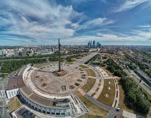 Victory monument. Victory Park on the Poklonnaya Gora the Poklonnay Hill. Cityscape aerial drone view.