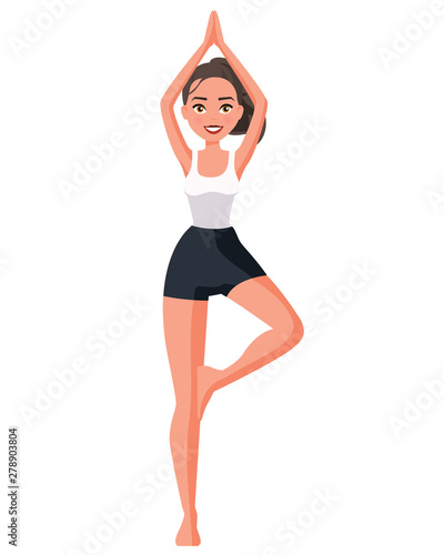 Vector illustration of sportive woman in Tree position with namaste hands up. Cartoon realistic people practicing yoga. Flat young woman. Front view girl, isometric view. Standing yoga poses. 