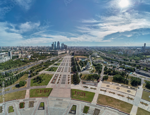 Victory monument. Victory Park on the Poklonnaya Gora the Poklonnay Hill. Cityscape aerial drone view.
