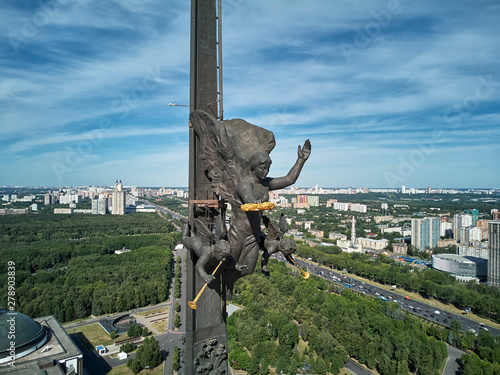 Moscow, Russia - July 05, 2019: Victory Monument on Poklonnaya Hill in Moscow. Closeup view of monument from drone