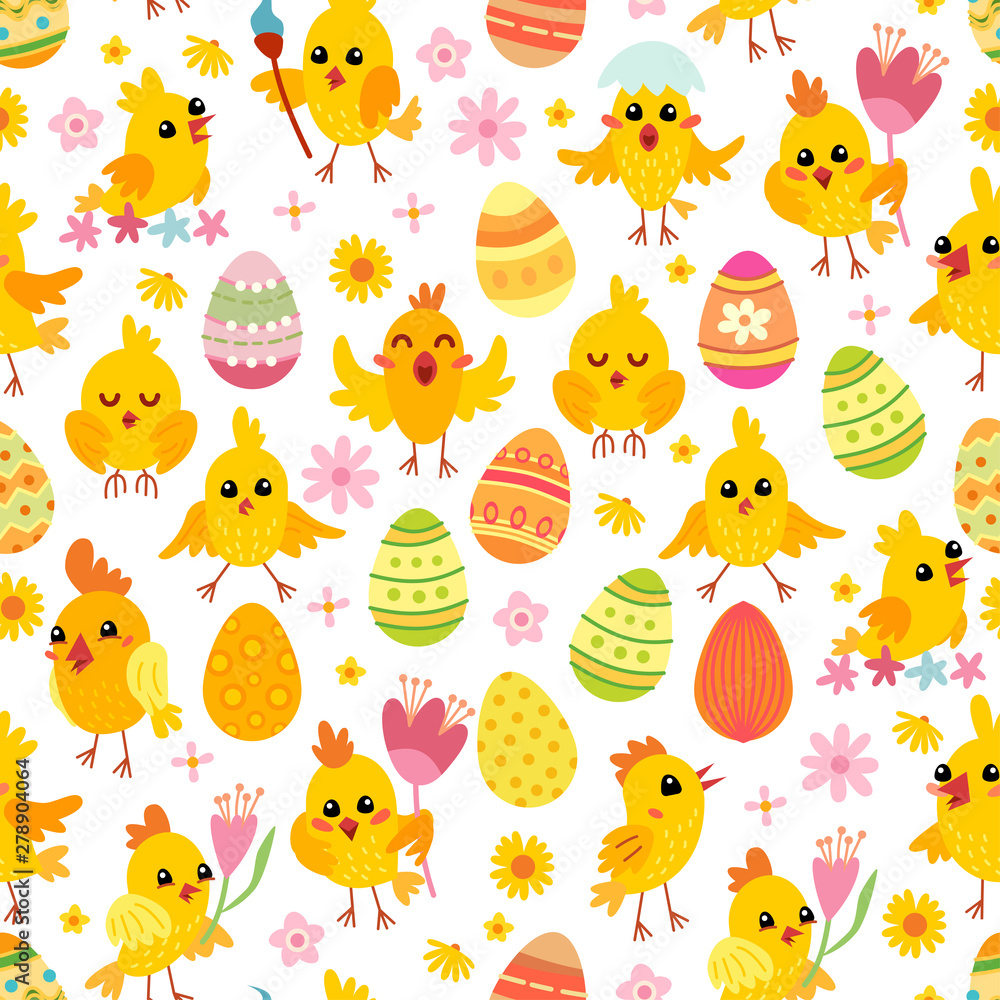 Fototapeta premium Easter eggs and chickens seamless pattern. Holiday vintage background