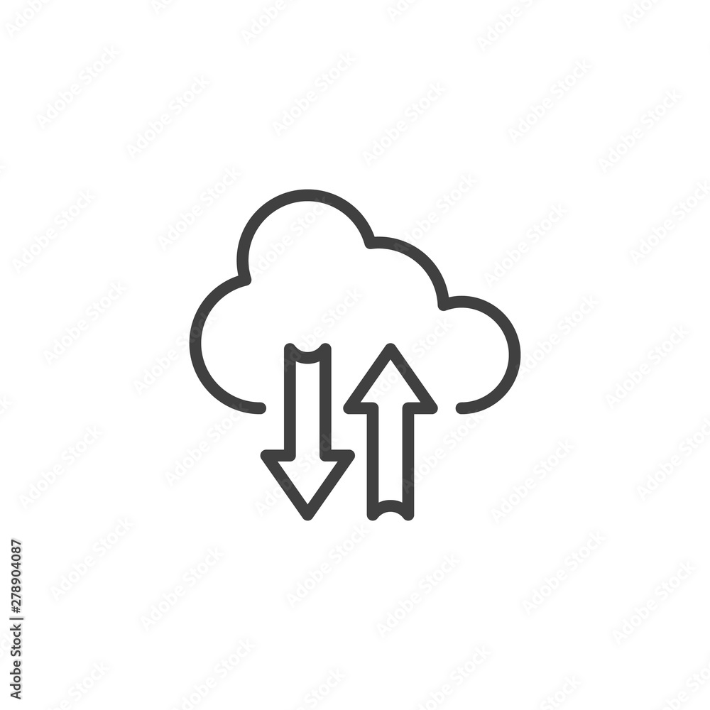 Cloud sync arrow line icon. Backup and restore data cloud linear style sign for mobile concept and web design. Download and upload arrows outline vector icon. Symbol logo illustration. Vector graphics Cloud sync arrow line icon. Backup and restore data cloud linear style sign for mobile concept and web design. Download and upload arrows outline vector icon. Symbol logo illustration. Vector graphics