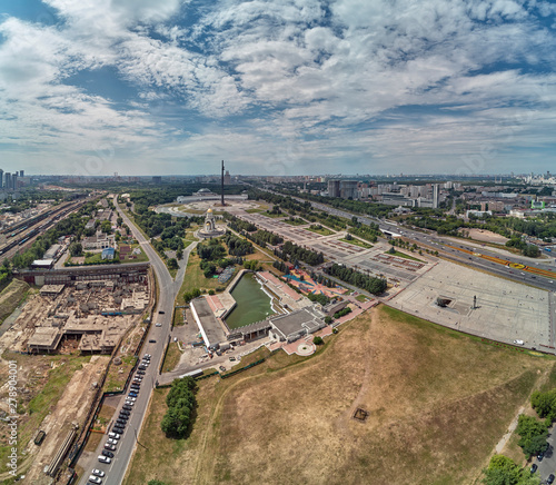 Victory monument. Victory Park on the Poklonnaya Gora the Poklonnay Hill. Cityscape aerial drone view.