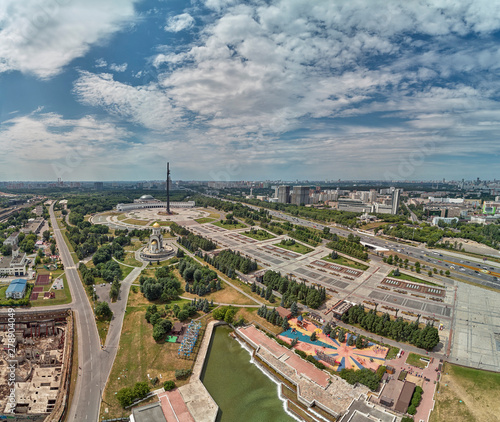 Victory monument. Victory Park on the Poklonnaya Gora the Poklonnay Hill. Cityscape aerial drone view.