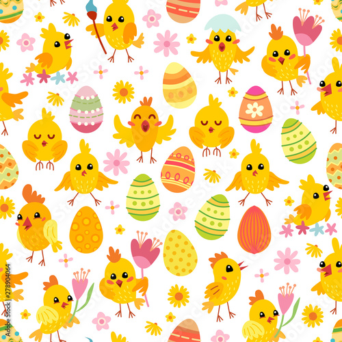 Easter eggs and chickens seamless pattern. Holiday vintage background