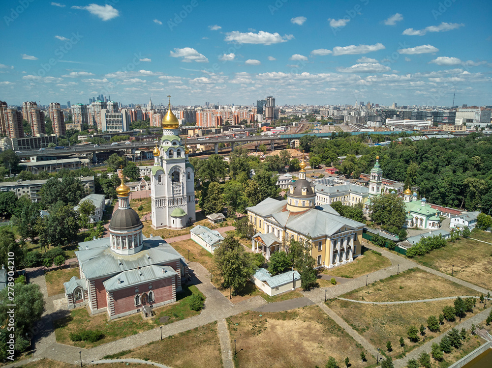 Orthodox cathedrals in architecture-historical ensemble Rogozhskaya sloboda in Moscow, Russia. Aerial drone view.