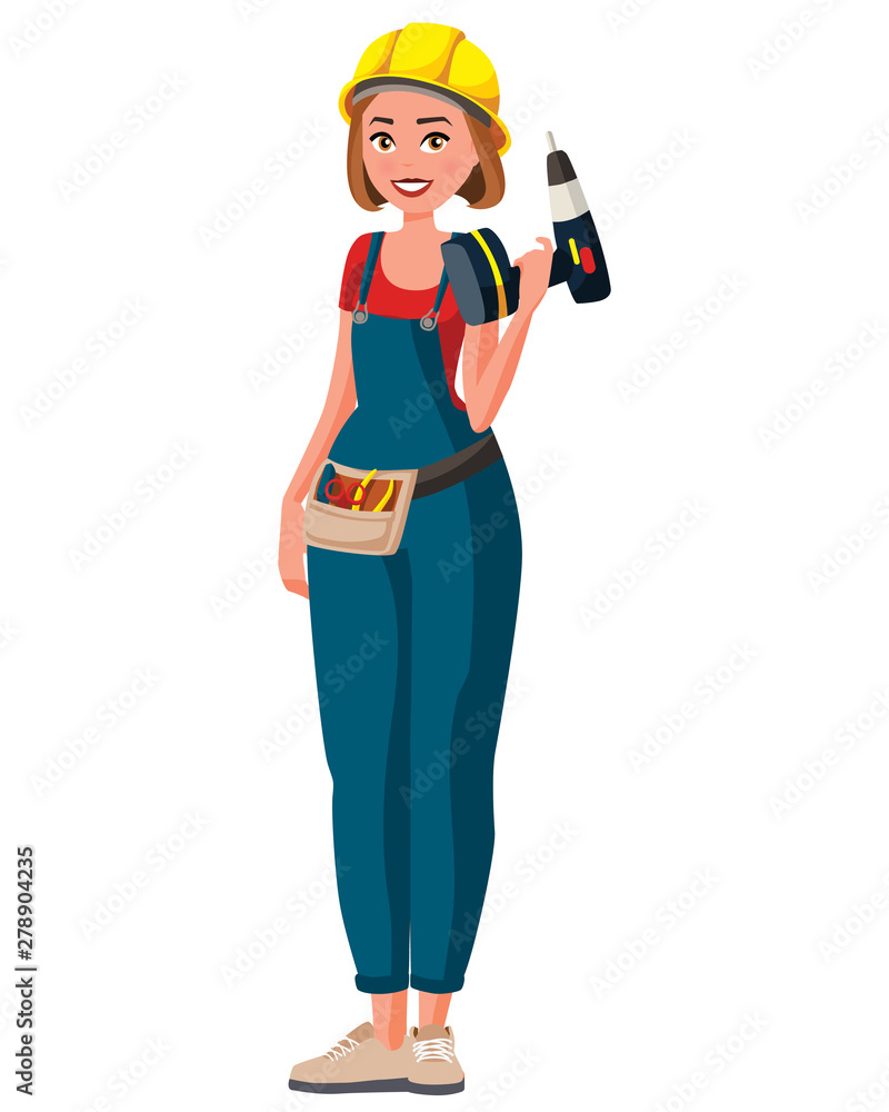 Woman profession character vector design. Cartoon realistic people illustration. Flat young woman worker. Builder. Woman in overalls with a helmet on her head with a screwdriver in hand. Tool belt bag