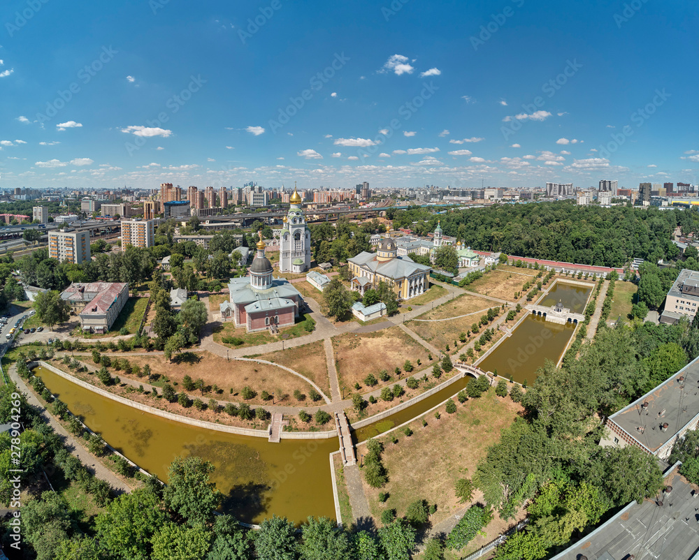 Orthodox cathedrals in architecture-historical ensemble Rogozhskaya sloboda in Moscow, Russia. Aerial drone view.