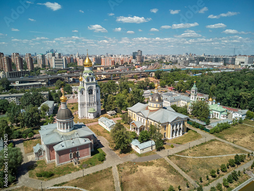 Orthodox cathedrals in architecture-historical ensemble Rogozhskaya sloboda in Moscow, Russia. Aerial drone view.
