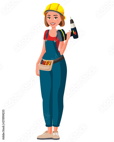Woman profession character vector design. Cartoon realistic people illustration. Flat young woman worker. Builder. Woman in overalls with a helmet on her head with a screwdriver in hand. Tool belt bag