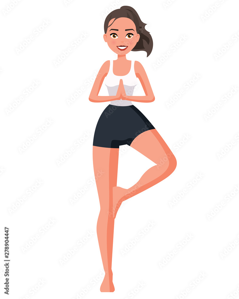 Vector illustration of sportive woman in Tree position with namaste hands.  Cartoon realistic people practicing yoga. Flat young woman. Front view  girl. Standing yoga poses. Stock Vector | Adobe Stock