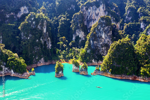 Aerial view of Beautiful mountains in Ratchaprapha Dam at Khao Sok National Park, Surat Thani Province, Thailand. © tawatchai1990