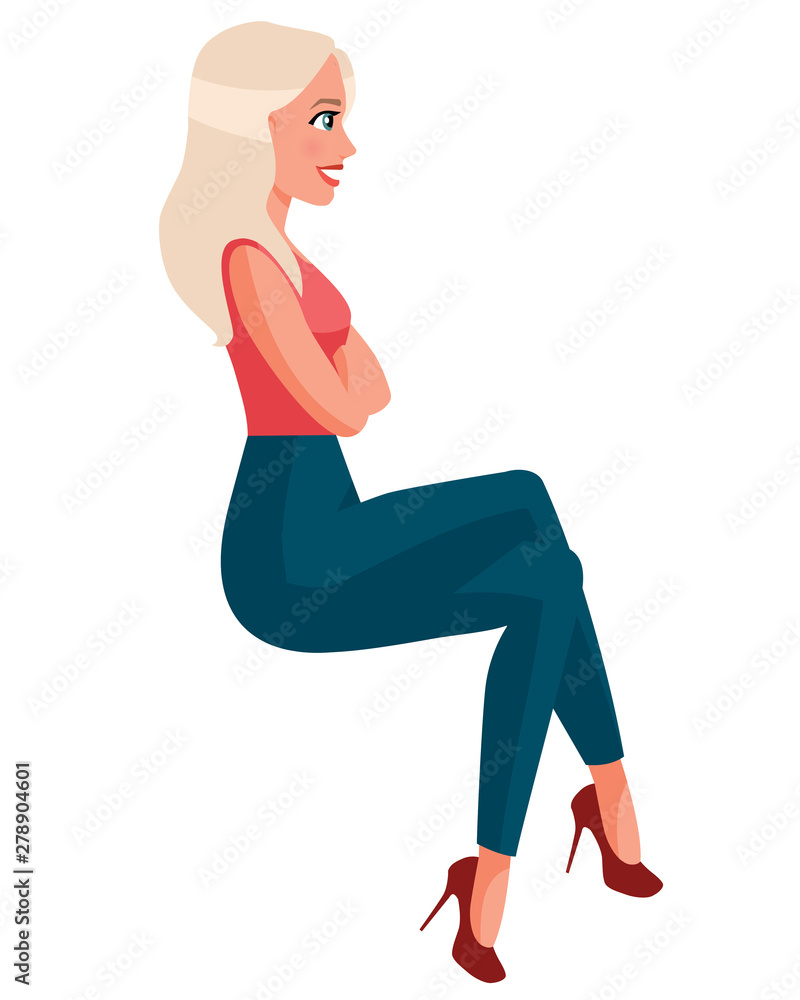 Vector illustration of sitting woman in casual clothes under the white  background. Cartoon realistic people  young woman. Side  view girl. Stock Vector | Adobe Stock