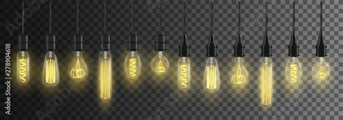 Set of realistic glowing vintage lamps. Edison incandescent bulb. Isolated vector illustration.