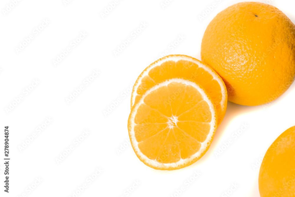 Sliced orange with green leaf isolated on white background Sliced orange with green leaf isolated on white background