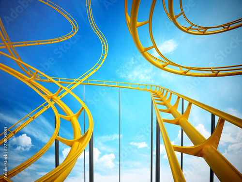 Curvy roller coaster rails in the sky. 3D illustration photo