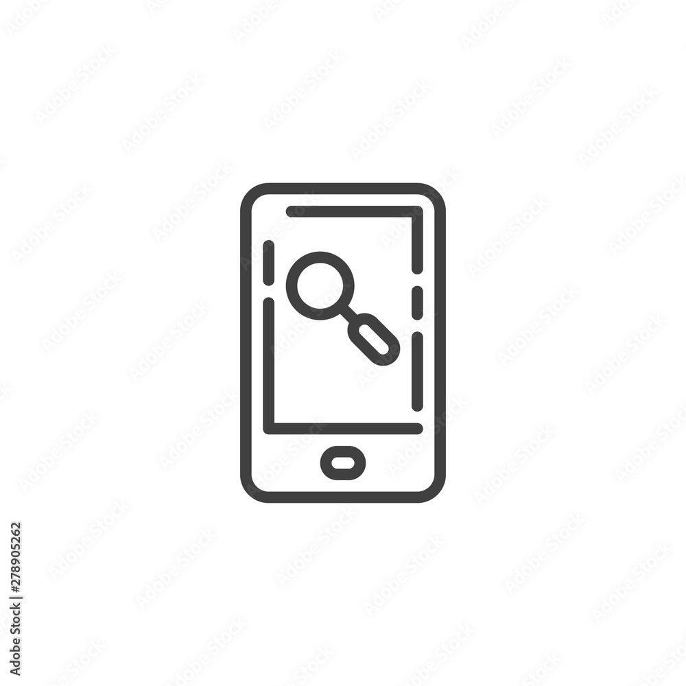Mobile search line icon. linear style sign for mobile concept and web design. Smartphone with a magnifying glass outline vector icon. Symbol, logo illustration. Vector graphics Mobile search line icon. linear style sign for mobile concept and web design. Smartphone with a magnifying glass outline vector icon. Symbol, logo illustration. Vector graphics